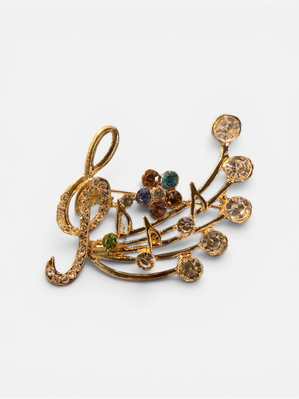 Gold Musical Note Rhinestone Brooch - Multicolor Accents
